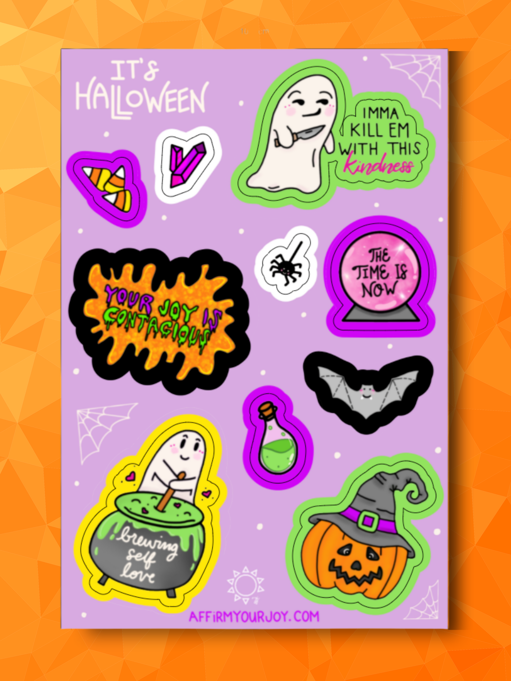 Halloween Sticker Sheet. Purple background with ghosts, crystals, candy corn, spider, potion bottle, bat, crystal ball, pumpkin, self love, joy
